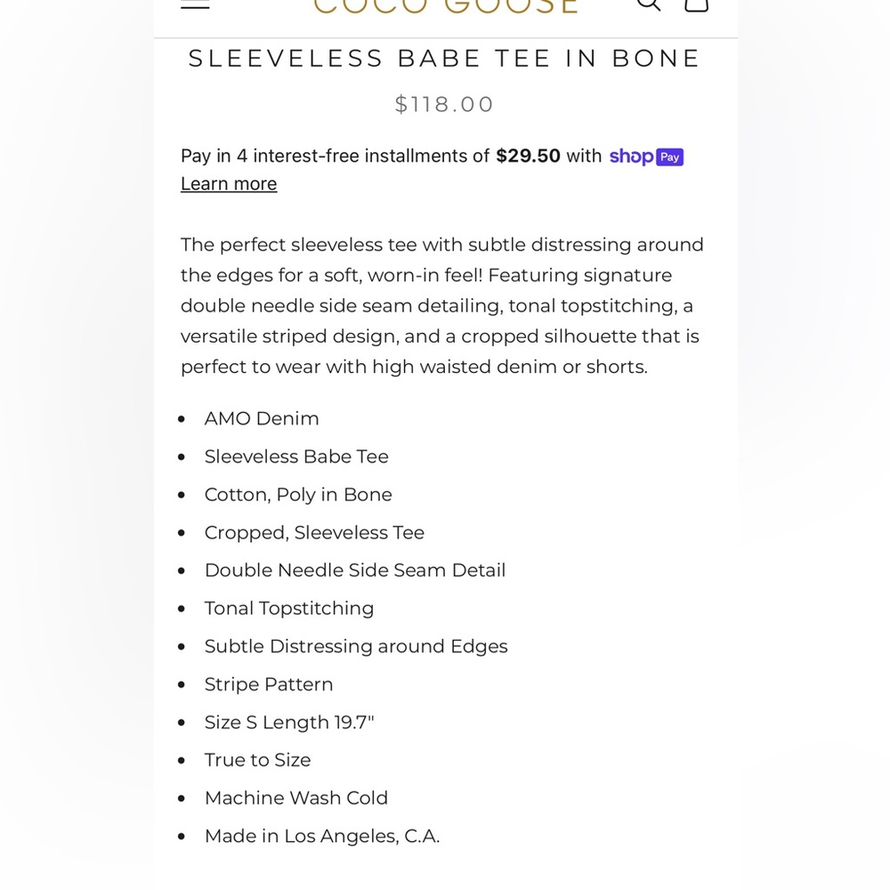 AMO SLEEVELESS BABE TEE IN BONE MEDIUM‎ NWT - Picture 5 of 14